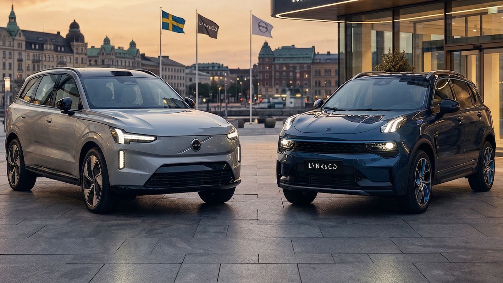 Σύγκριση αυτοκινήτων Volvo και Lynk & Co έξω από ευρωπαϊκή αντιπροσωπεία, συμβολίζοντας τη νέα εμπορική συνεργασία.