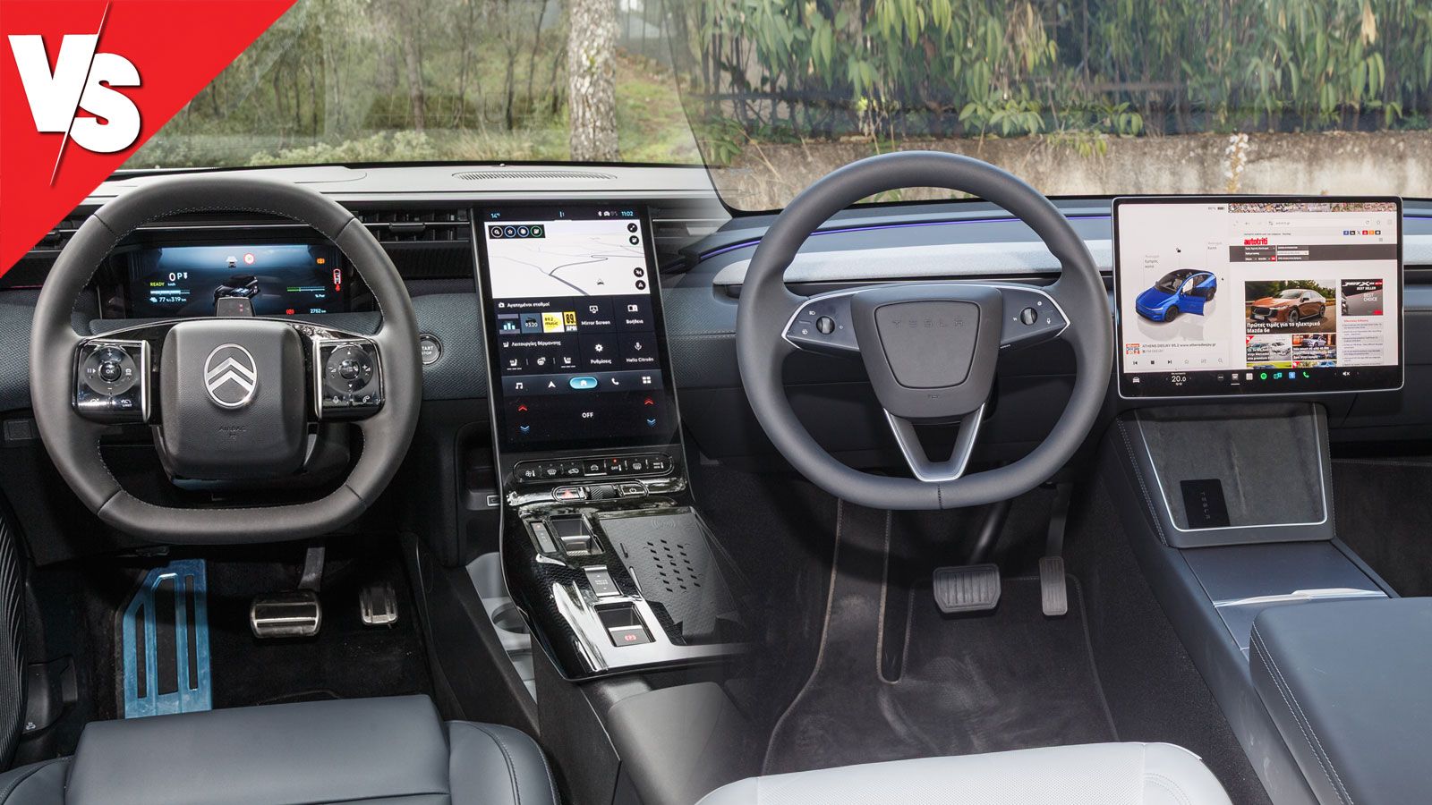 Σύγχρονη και ποιοτική καμπίνα έχει το Citroen e-C5 Aircross με την «Waterfall» οθόνη να δεσπόζει. Στο Model Y η minimal λογική κυριαρχεί, με την 16άρα