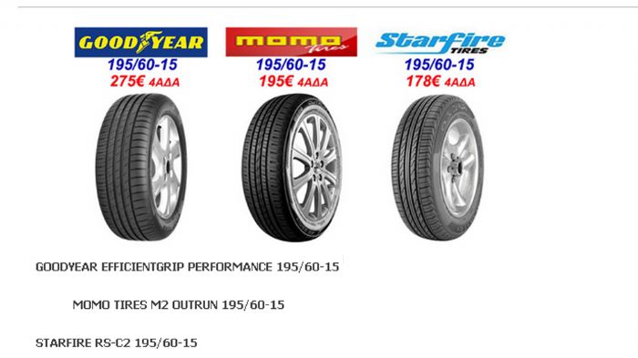 Στο siriocenter μπορείτε να βρείτε online προσφορές σε ελαστικά που ξεκινούν από 178 ευρώ η τετράδα σε διαστάσεις 195/60-15.