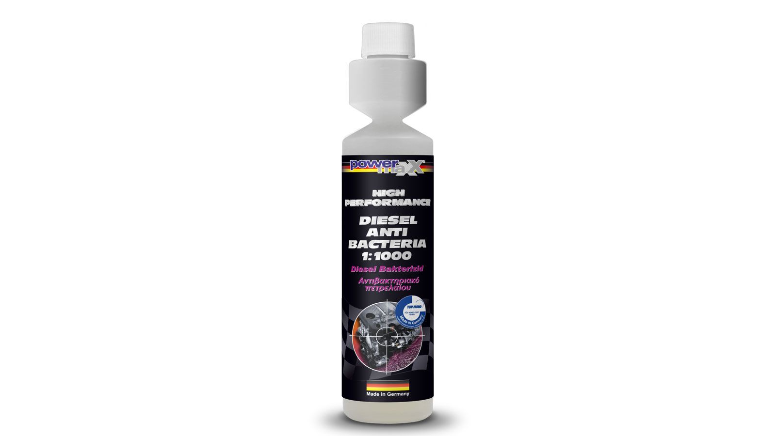 Το powermaxx έχει τη δυνατότητα να απολυμαίνει ολόκληρο το σύστημα καυσίμου diesel εξουδετερώνοντας βακτήρια και μύκητες που δημιουργούνται.