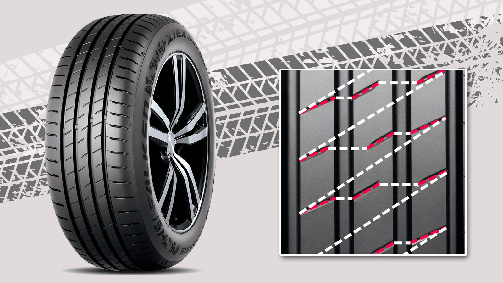 Η Falken με την ορολογία «Noise Reduced Tread Design» αναφέρεται στα στοιχεία εκείνα που κρατούν χαμηλά το εξωτερικό θόρυβο κύλισης του Ziex ZE320. Η Falken με την ορολογία «Noise Reduced Tread Design» αναφέρεται στα στοιχεία εκείνα που κρατούν χαμηλά το εξωτερικό θόρυβο κύλισης του Ziex ZE320.