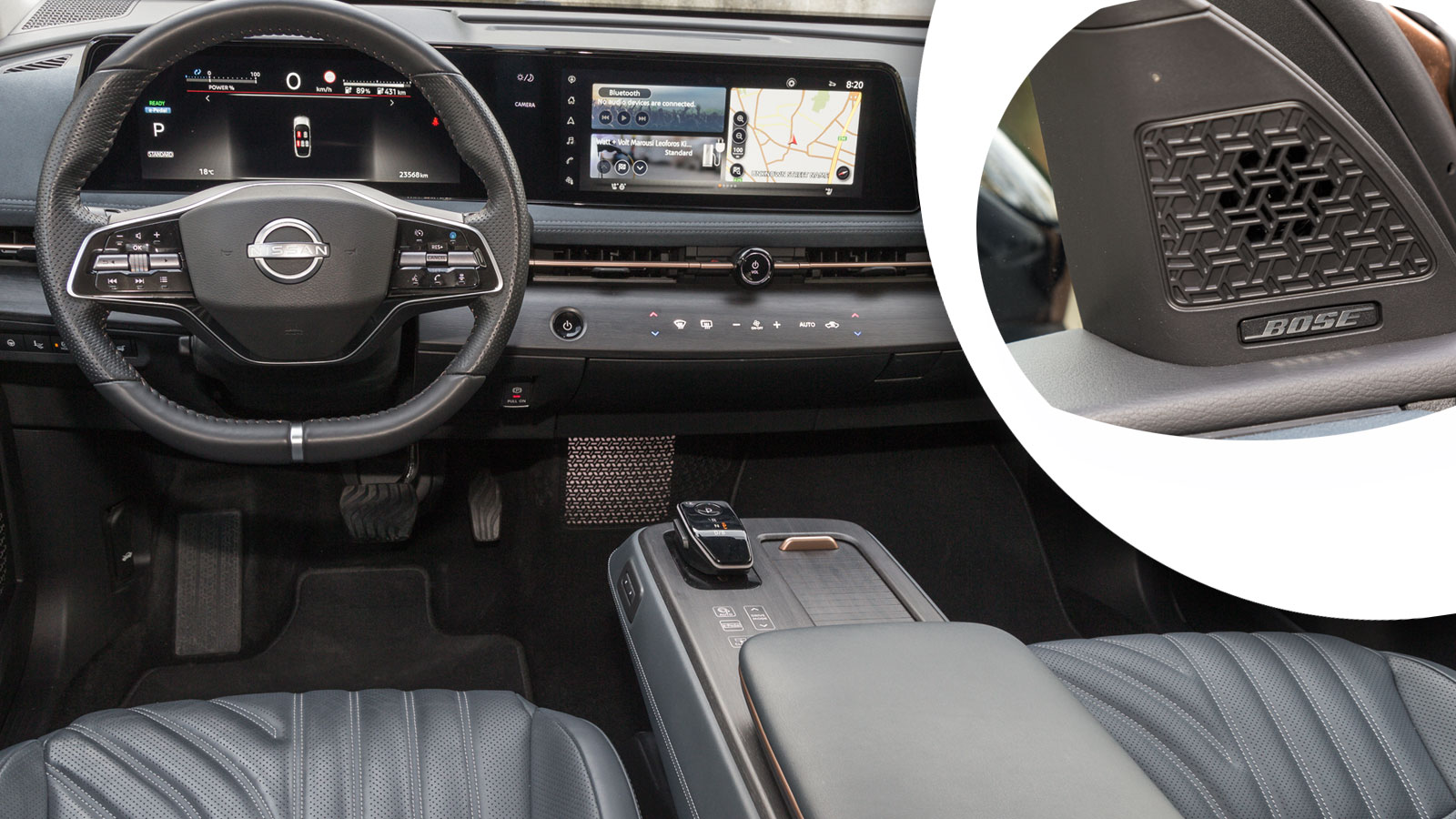 Στην upper-class καμπίνα του Nissan Ariya θα δούμε δύο οθόνες 12,3 ιντσών, σε κυματοειδές σχήμα, οι οποίες μπορούν να λειτουργήσουν ανεξάρτητα ή ως ενιαίο σύνολο, δίνοντας τη δυνατότητα της μεταξύ τους «ανταλλαγής» πληροφοριών και ενδείξεων. Στα πολύ θετικά η παρουσία έγχρωμου head-up display και ηχοσυστήματος BOSE με 10 ηχεία.