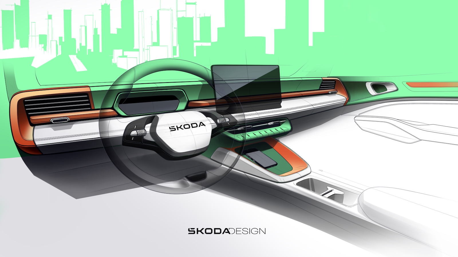 Σχέδιο εσωτερικού του ηλεκτρικού Skoda Epiq με μινιμαλιστική σχεδίαση Modern Solid Σχέδιο εσωτερικού του ηλεκτρικού Skoda Epiq με μινιμαλιστική σχεδίαση Modern Solid