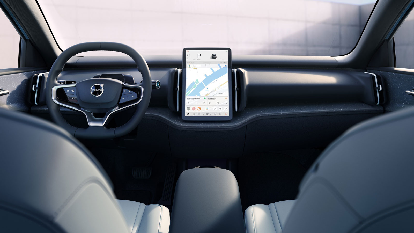 Στη μίνιμαλ καμπίνα του Volvo EX30 λάμπουν δια της απουσίας τους τα φυσικά πλήκτρα, με τα ανοιχτόχρωμα σκληρής υφής πλαστικά να προέρχονται από ανακυκλώσιμα υλικά.