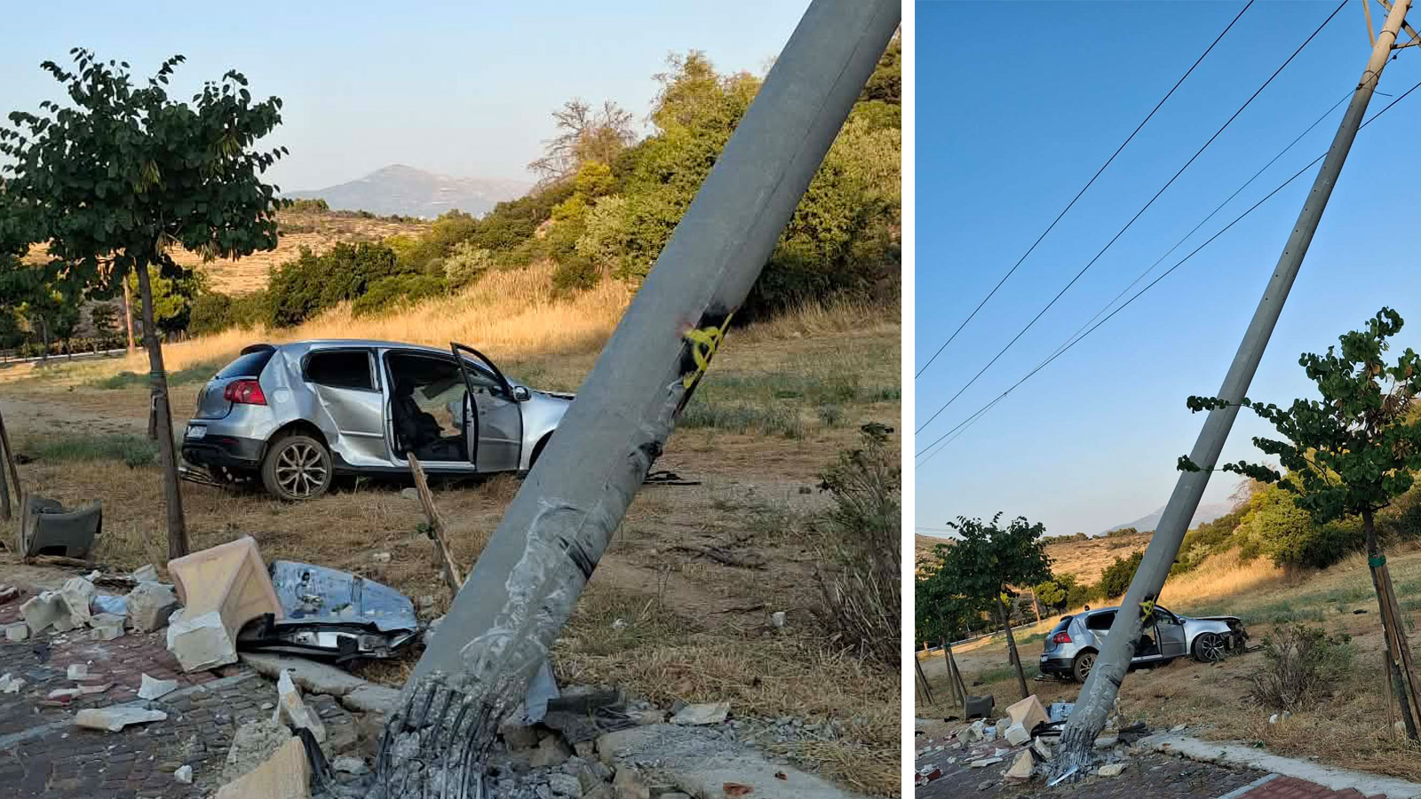 Η σφοδρότητα της πρόσκρουσης ήταν τόσο μεγάλη που η κολόνα της ΔΕΗ πήρε επικίνδυνη κλίση. Η σφοδρότητα της πρόσκρουσης ήταν τόσο μεγάλη που η κολόνα της ΔΕΗ πήρε επικίνδυνη κλίση.