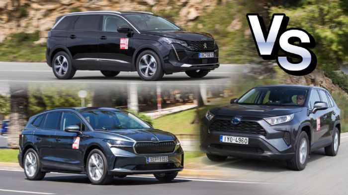 Peugeot 5008 diesel Vs ηλεκτρικό Skoda Enyaq Vs Toyota RAV4 hybrid 