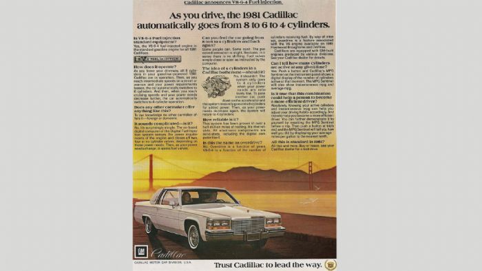 Χαρακτηριστηκή διαφήμιση της Cadillac για το σύστημα απενεργοποίησης των κυλίνδρων του V8 κινητήρα της. Χαρακτηριστηκή διαφήμιση της Cadillac για το σύστημα απενεργοποίησης των κυλίνδρων του V8 κινητήρα της.