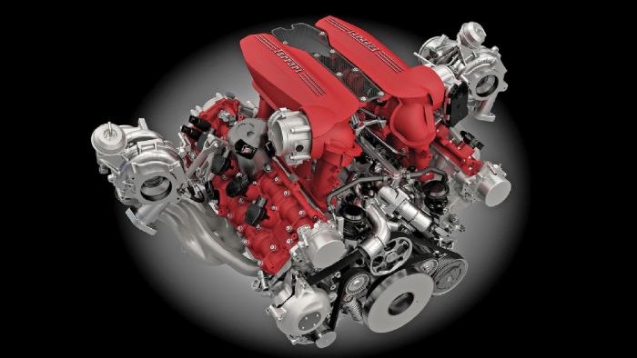 V8 90 μοιρών της Ferrari 488 GTB. Παρατηρείστε τα 2 turbo που ουσιαστικά «κρέμονται» στις δύο πλευρές του V. V8 90 μοιρών της Ferrari 488 GTB. Παρατηρείστε τα 2 turbo που ουσιαστικά «κρέμονται» στις δύο πλευρές του V.