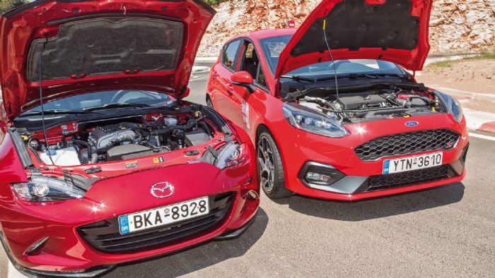 Ο 3κύλινδρος 1,5 turbo κινητήρας του Ford Fiesta ST έχει 200 άλογα, άφθονη ροπή και χορταστικό ήχο. To Μazda MX-5 κινείται από τον ατμοσφαιρικό 4κύλινδρο 1,5 Skyactiv-G, που ανεβάζει μέχρι 7.000 σ.α.λ