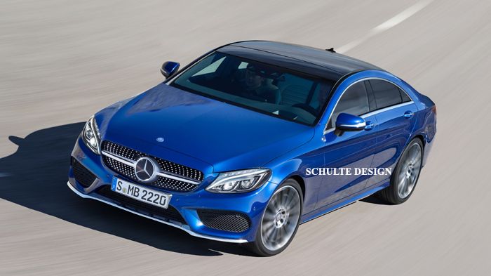 Η Mercedes CLC (ψηφιακά επεξεργασμένη φωτό) μπροστά μοιάζει σαν να αντλεί έμπνευση τόσο από τη C-Class όσο και από την πρόσφατα ανανεωμένη CLS, κυρίως από αυτήν.