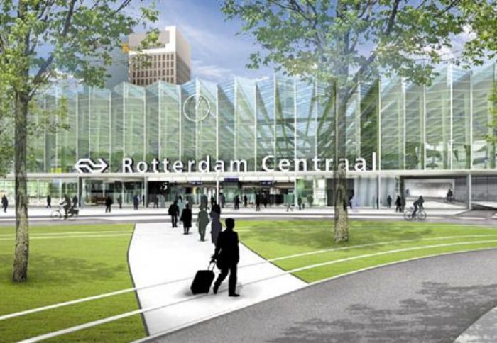 Φωτορεαλιστική εικόνα της όψης του ανακαινισμένου σταθμού Rotterdam Central, από την αρχιτεκτονική ομάδα CS.
