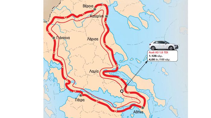 To Audi A3 1,6 TDI κινήθηκε με μέση κατανάλωση 4 λτ./100 χλμ., έχοντας αυτονομία 1.126 χιλιόμετρα. To Audi A3 1,6 TDI κινήθηκε με μέση κατανάλωση 4 λτ./100 χλμ., έχοντας αυτονομία 1.126 χιλιόμετρα.