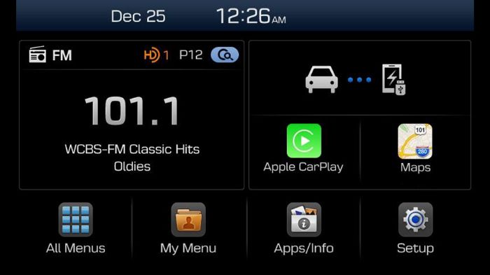 Το Hyundai Display Audio System διαθέτει οθόνη αφής 7 ιντσών, συνδέεται μέσω USB με smartphone και είναι συμβατό με τα Apple CarPlay και Android Auto.