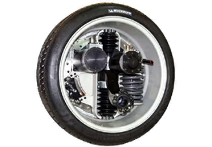 Active Wheel της Michelin. Πάνω του ενσωματώνονται τα δύο ηλεκτρικά μοτέρ που φροντίζουν για την κίνηση και την ενεργή ανάρτηση Active Wheel της Michelin. Πάνω του ενσωματώνονται τα δύο ηλεκτρικά μοτέρ που φροντίζουν για την κίνηση και την ενεργή ανάρτηση