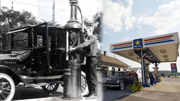Στην αρχή ο ανεφοδιασμός γινόταν χειροκίνητα από αντλίες στο πεζοδρόμιο. (Αριστερά)
O πιο παλιός σταθμός καυσίμων που λειτουργεί ακόμα άνοιξε το 1909 στην Altoona του Pittsburgh (Δεξιά) 