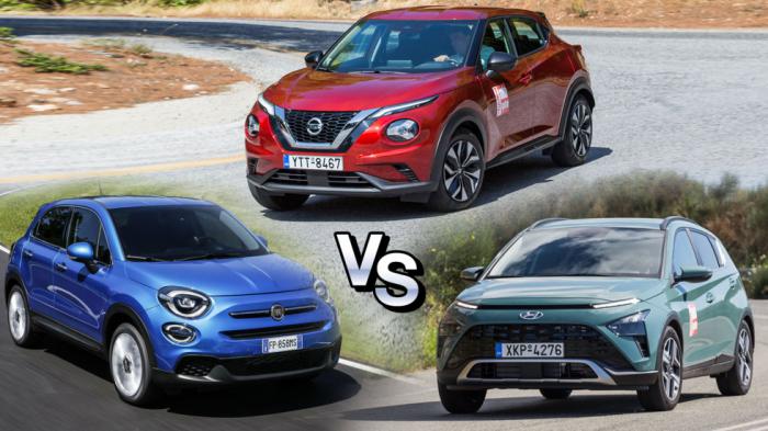 Σύγκριση Μικρά SUV βενζίνης Hyundai Bayon Vs Fiat 500X Vs Nissan Juke