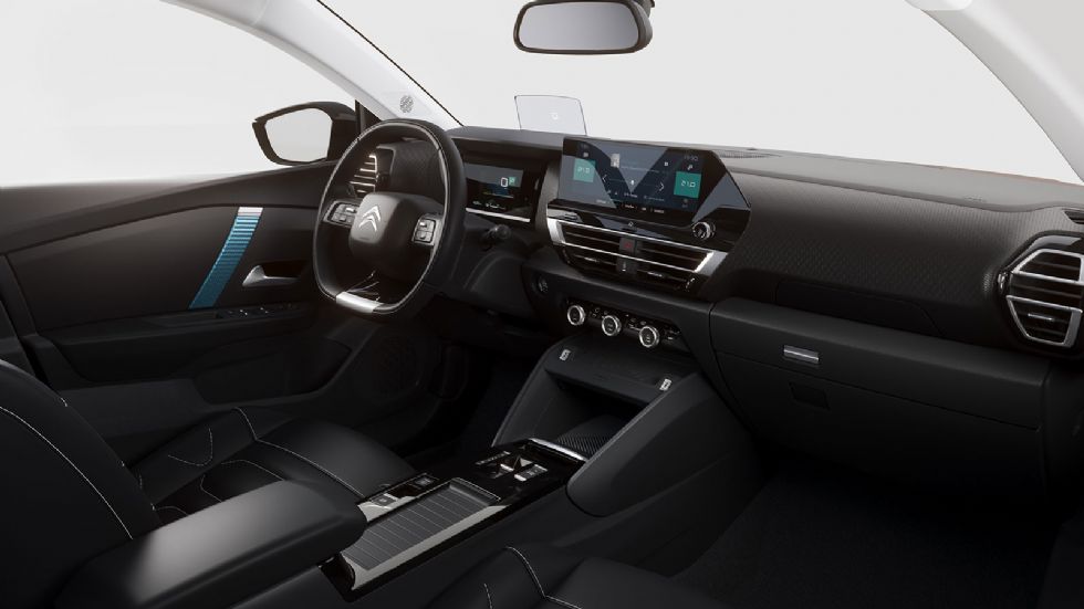 Λιτές σχεδιαστικές γραμμές διανθισμένες με καλά υλικά και digital στοιχεία, όπως ο πίνακας οργάνων και η ανασχεδιασμένη, μεγάλη, κεντρική οθόνη αφής χαρακτηρίζουν το εσωτερικό της νέας Citroën C4