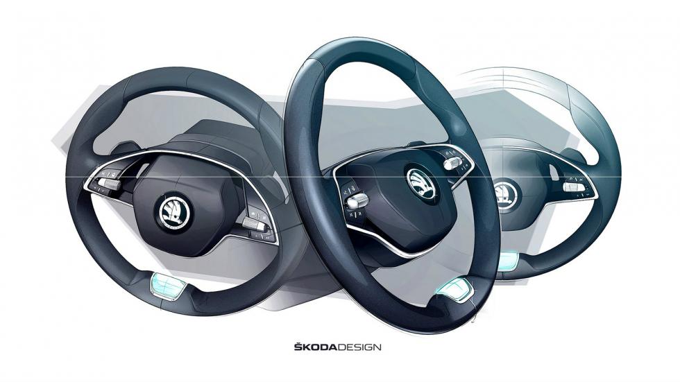 Το νέο τιμόνι των δύο ακτίνων παρουσιάστηκε για πρώτη φορά στην τέταρτη γενιά Octavia αλλά σταδιακά τοποθετείται και στα άλλα μοντέλα της Skoda.