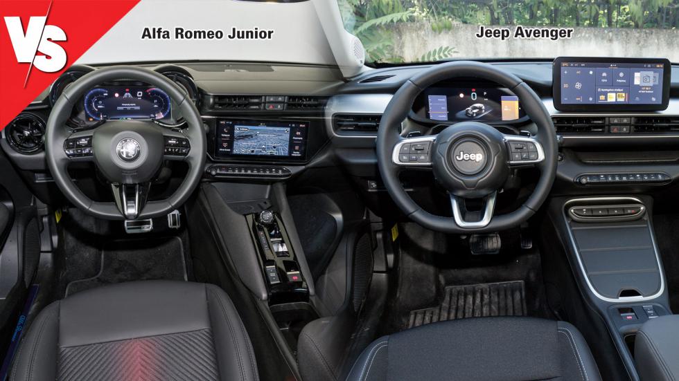 Το εσωτερικό της Alfa Romeo Junior εκφράζει έναν περισσότερο premium χαρακτήρα μέσω της σχεδίασης, της ποιότητας κατασκευής και το φινίρισμα του, με το εσωτερικό του Avenger να είναι πιο λιτό σχεδιαστ