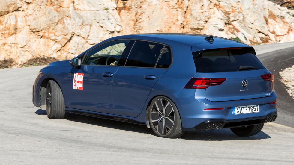 Μας άρεσε η σπιρτάδα του Golf R-Line σε σβέλτες αλλαγές κατευθύνσεων, όπως και η σωστή λειτουργία των ηλεκτρονικών που μαζί με δυνατά φρένα ενισχύουν την αυτοπεποίθηση του οδηγού ακόμα και σε πολύ γρή