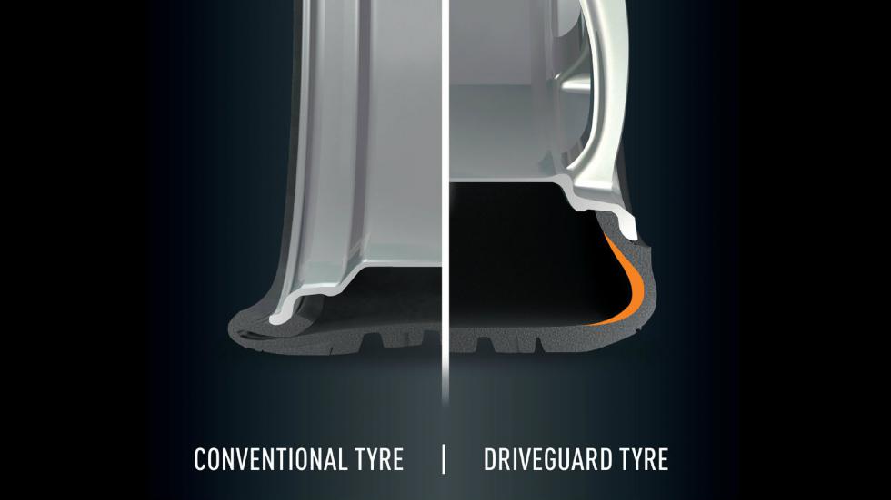 Η διαφορά ενός συμβατικού ελαστικού με τα ελαστικά DriveGuard της Bridestone είναι φανερή και στην φωτογραφία.