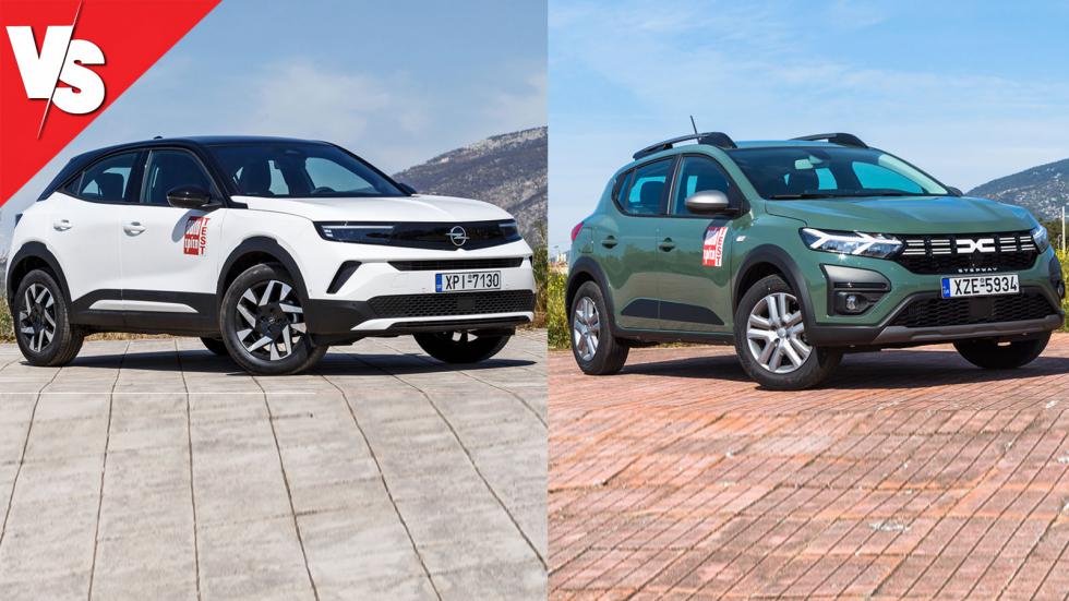 Η νέα σχεδιαστική ταυτότητα της Dacia στο εμπρός μέρος έχει εκμοντερνίσει αισθητικά το Sandero Stepway, με το Mokka πάντως να δείχνει αρκετά πιο εντυπωσιακό με τη μάσκα Opel Vizor εμπρός, να ξεχωρίζει
