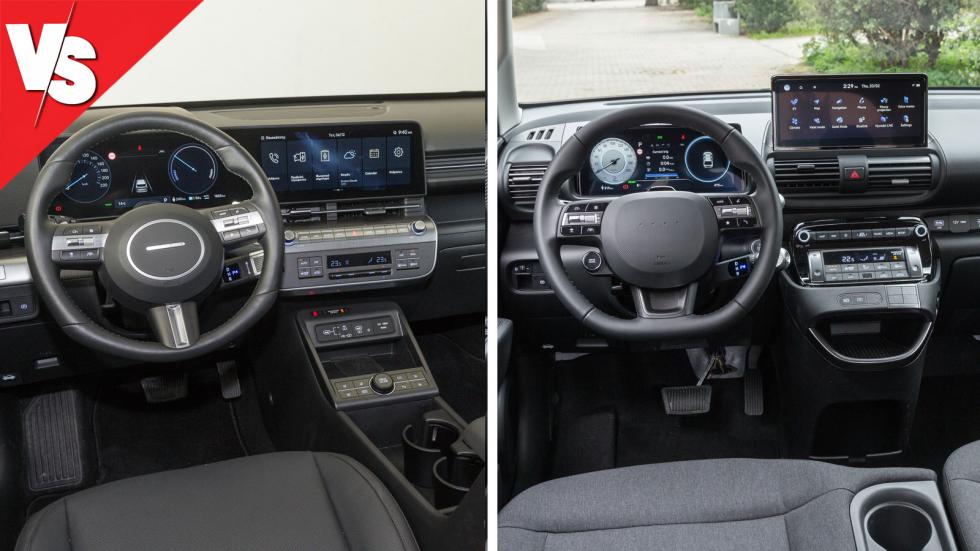 Ενιαία διάταξη βλέπουμε στις οθόνες του Hyundai Kona, διαφορετική λογική με την touchscreen του infotainment να «αιωρείται» έχει το Hyundai Inster.