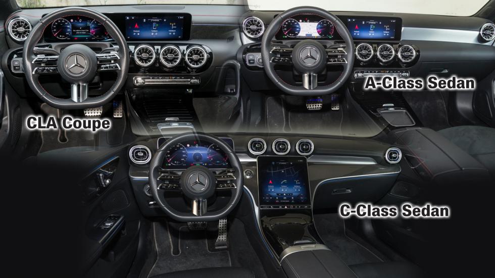 Σε A-Class και CLA Coupe θα δούμε παρόμοιας λογικής καμπίνα, με την C-Class να προβάλλει μια upper level αίσθηση πολυτέλειας που συνδυάζεται και με εντυπωσιακό ψηφιακό διάκοσμο.