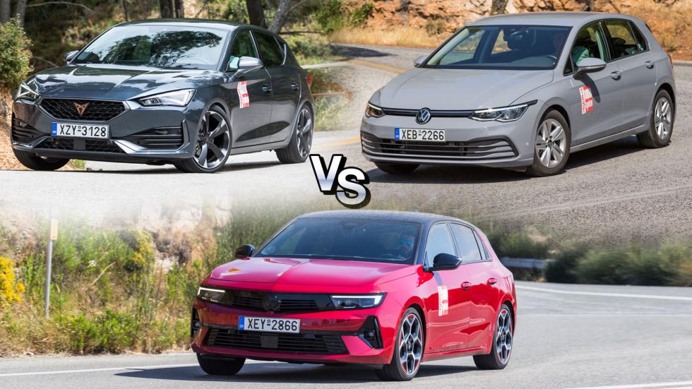 Super Συγκριτικό: Ήπια υβριδικό CUPRA Leon DSG με 150 PS Vs Opel Astra με 130 PS Vs Volkswagen Golf με 150 PS