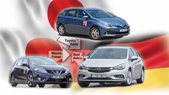 Τα δύο ιαπωνικά μοντέλα, Toyota Auris και Nissan Pulsar, επιτίθενται στο γερμανικό Best Seller, Opel Astra, και όλα αυτά στις εκδόσεις με τους μικρού κυβισμού turbo βενζινοκινητήρες. Ποιο θα κερδίσει 