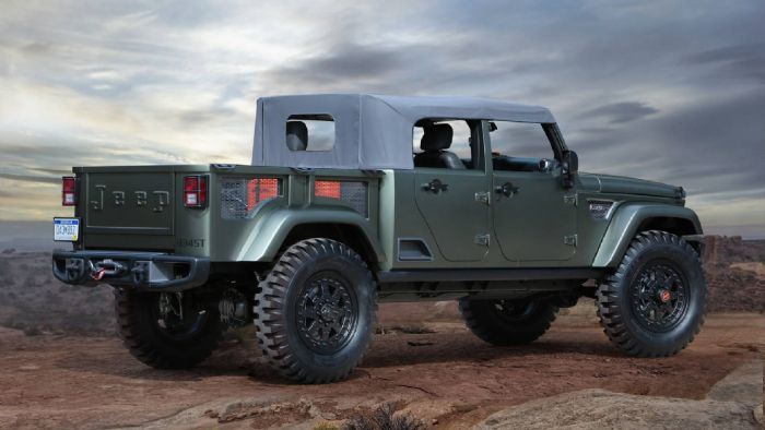 Το pick-up της Jeep θα δανειστεί από το Crew Chief 715 Concept, τη λογική της υφασμάτινης οροφής. Έτσι, όπως και στο κανονικό Wrangler, θα υπάρχει προαιρετικά και έκδοση soft top, στην οποία η κουκούλ