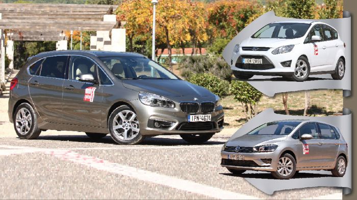 BMW 218d Active Tourer vs Ford C-MAX 1,6 TDCi vs VW Golf Sportsvan 1,6 TDI