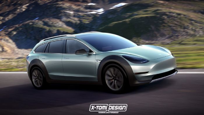 Έτσι φαντάζονται οι σχεδιαστές της X-Tomi Design την crossover εκδοχή του Tesla Model 3, ένα υπερυψωμένο 4κίνητο wagon με το όνομα Model 3 Crosswagon.