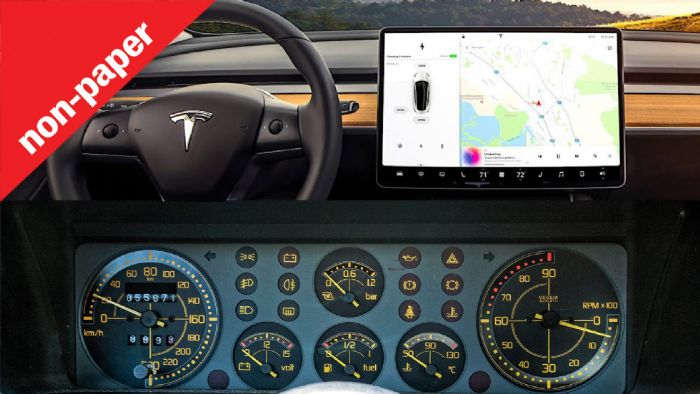 Το Tesla Model 3 έχει μια μεγάλη οθόνη στο κέντρο του ταμπλό και τέλος. Από την άλλη ποιος μπορεί να ξεχάσει τα όργανα της θρυλικής Integrale;