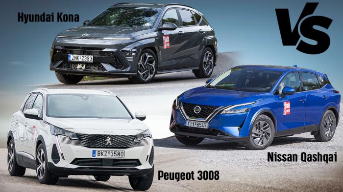  SUV: Hyundai Kona, Nissan Qashqai  Peugeot 3008   ;