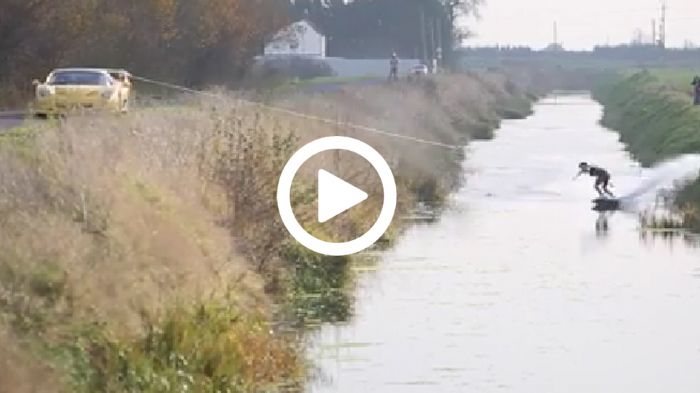 Το άθλημα του wakeboard συνδυάζει το surf, το snowboard, το skate και το θαλάσσιο ski. Στην περίπτωσή μας συνδυάζει και μια Ferrari F50, της οποίας το V12 μοτέρ των 4,7 λίτρων έχει ισχύ 520 ίππων. Σού